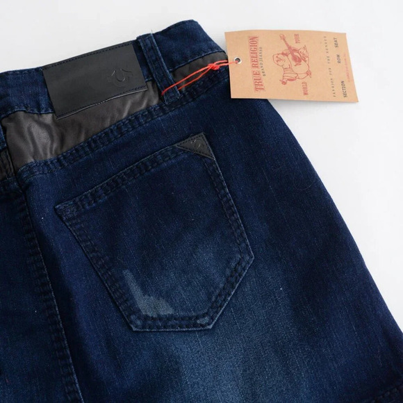 True Religion '03 Y2K Dark Wash With Leather Accent Mini Denim Low Rise Skirt 29 - Picture 11 of 13